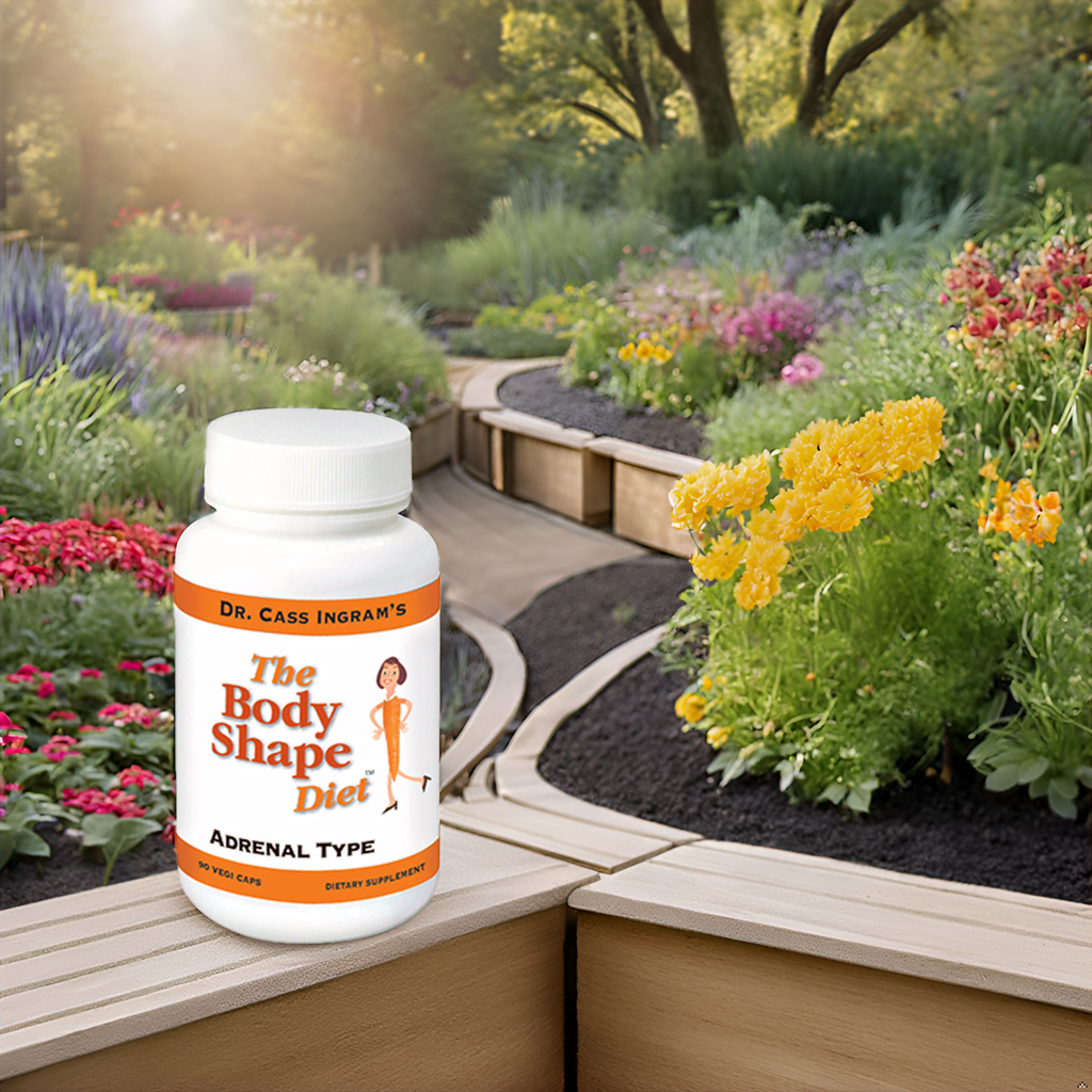 A bottle of The Body Shape Diet Adrenal Support Formula surrounded by lush, vibrant plants, representing its natural and sustainably sourced ingredients, as inspired by Dr. Cass Ingram.