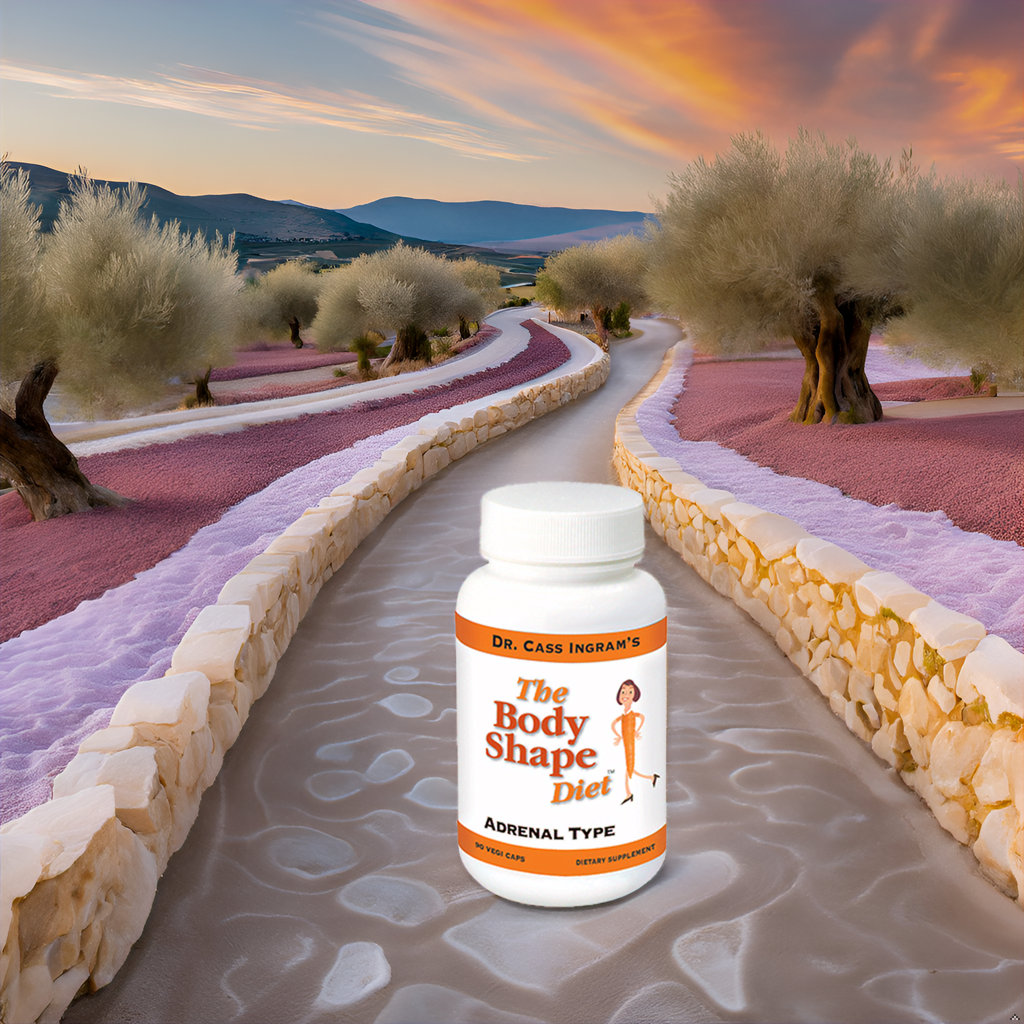 A scenic lavender field with a bottle of The Body Shape Diet Adrenal Support Formula in the foreground, symbolizing its connection to Mediterranean herbs and Dr. Cass Ingram’s dedication to natural wellness.