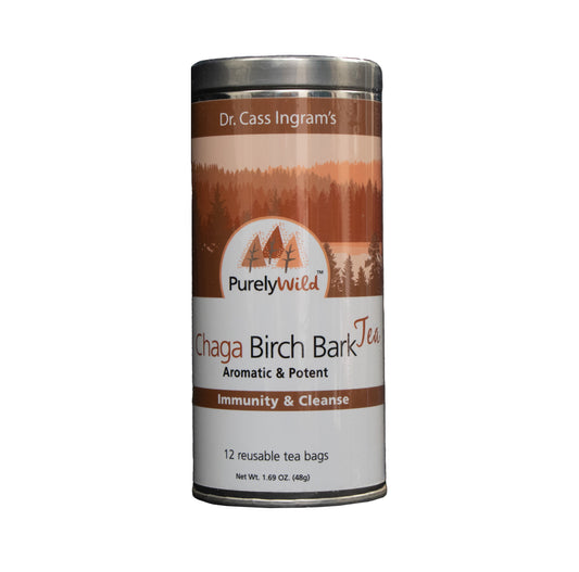 A canister of Purely Wild Chaga Birch Bark Tea, formulated by Dr. Cass Ingram, featuring raw chaga and wild birch bark sourced from northern Canadian forests for immune support and cleansing.
