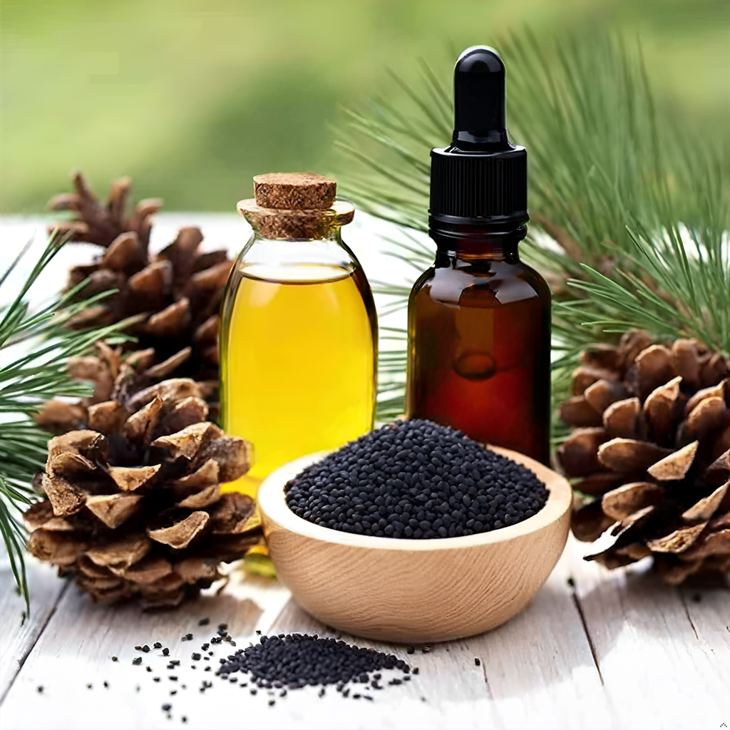 A visual featuring a bottle of Purely Wild UltraAlive paired with bowls of black seeds and pine cones, emphasizing its unique cold-pressed formulation inspired by Dr. Cass Ingram.