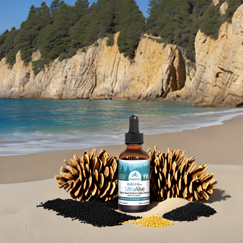 A bottle of Dr. Cass Ingram’s Purely Wild UltraAlive set against a serene Mediterranean beach, highlighting its sustainably sourced wild pine pollen and resin.