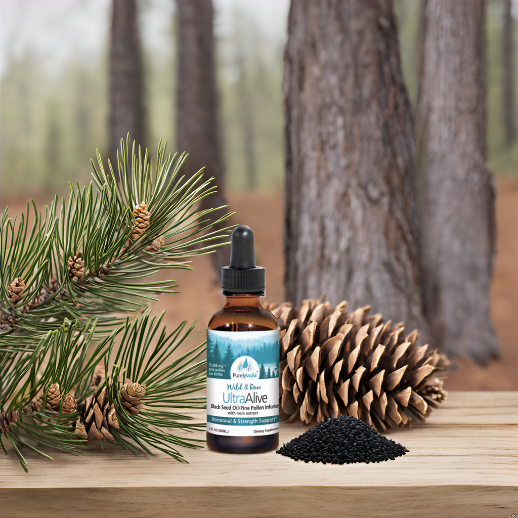 A close-up of Purely Wild UltraAlive alongside its key ingredients—wild pine resin, black seed oil, and pine pollen—showcasing the therapeutic blend formulated by Dr. Cass Ingram.