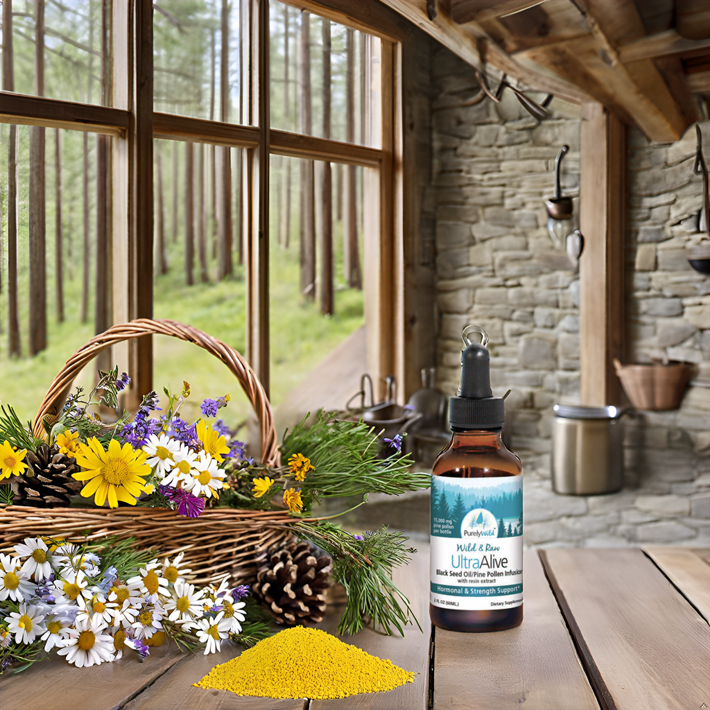 Purely Wild UltraAlive placed among vibrant Mediterranean wildflowers, pine cones, and cinnamon bark, symbolizing the product’s wild-harvested ingredients and Dr. Cass Ingram’s dedication to natural remedies.