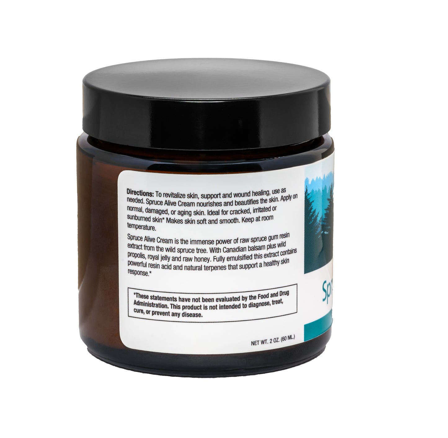 A view of the back label of the SpruceAlive Cream jar, detailing its premium natural ingredients, including raw spruce resin, shea butter, and hemp extract, crafted with Dr. Cass Ingram’s expertise.