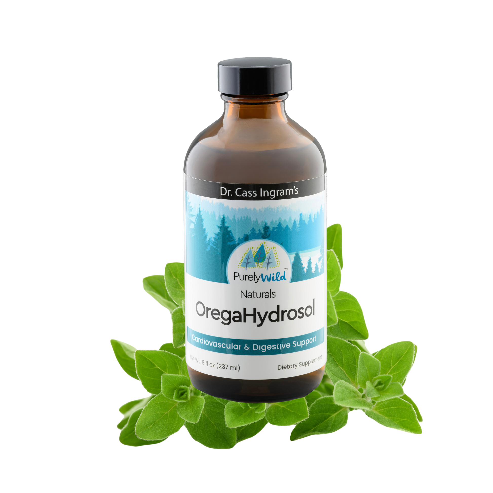 A bottle of Dr. Cass Ingram's Purely Wild OregaHydrosol with fresh oregano leaves around it, showcasing the natural essence of the product.