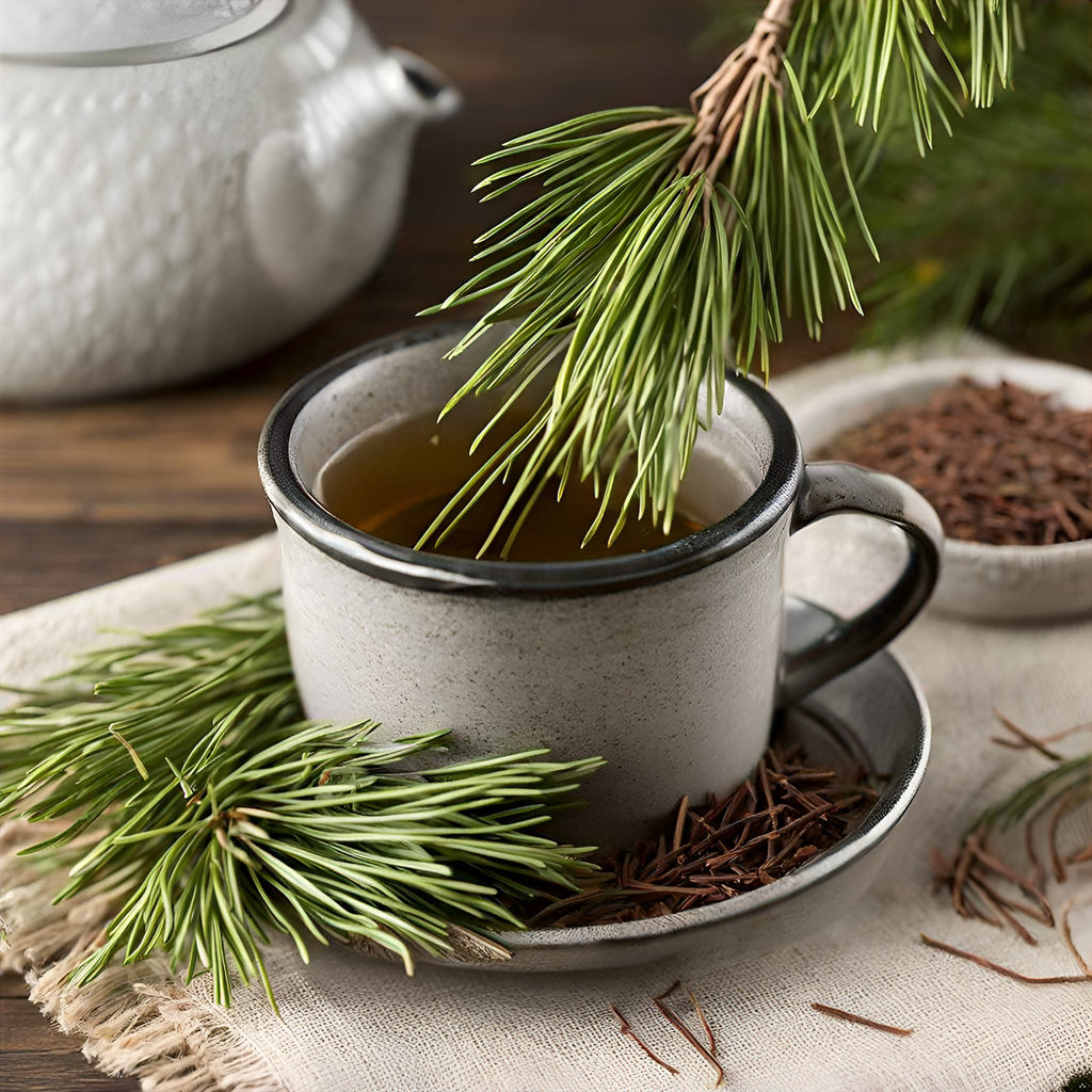 A steaming cup of Purely Wild Pine Needle Tea alongside loose pine needles and a teapot, emphasizing the product's refreshing and cleansing properties as supported by Dr. Cass Ingram.

