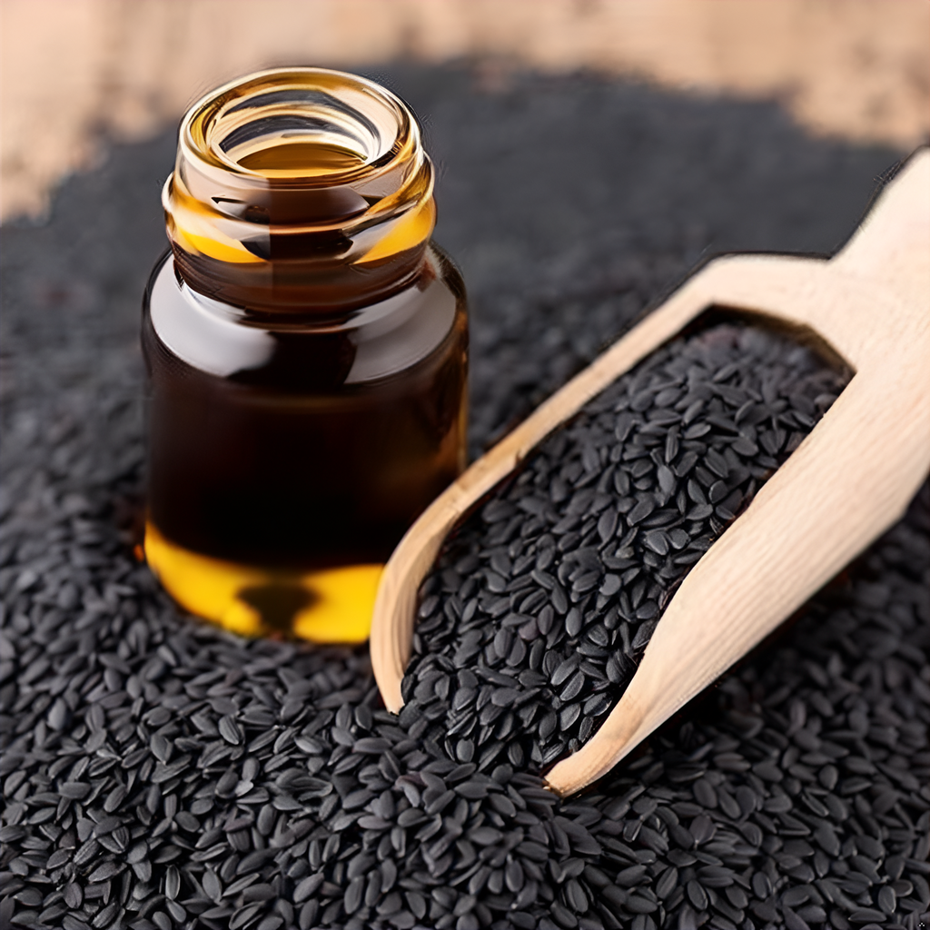 A close-up of a Purely Wild Black Seed Oil bottle surrounded by raw black seeds, showcasing its high-quality cold-pressed formulation, based on Dr. Cass Ingram’s health philosophies.