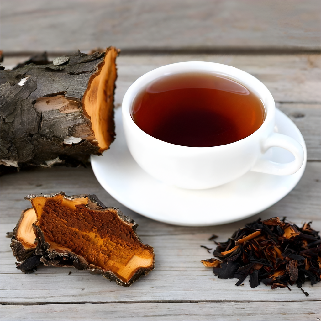 A close-up of a steaming cup of Purely Wild Chaga Birch Bark Tea with raw chaga and birch bark in the background, emphasizing its flavor and health benefits inspired by Dr. Cass Ingram.

