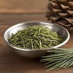 A close-up view of fresh pine needles arranged with a bowl of loose needles, emphasizing the high-quality, natural ingredients in Purely Wild Pine Needle Tea.