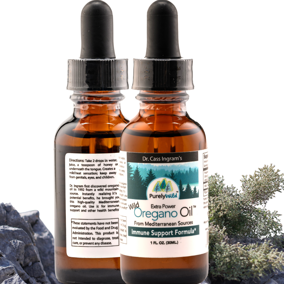 Dr. Cass Ingram's wild oregano oil with authentic mountain background