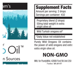 Supplement facts label for a wild Turkish oregano oil product with a scenic illustration on the left.