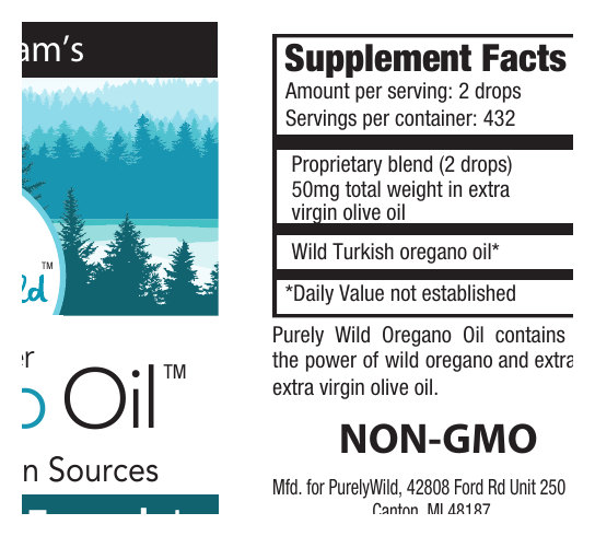 Supplement facts label for a wild Turkish oregano oil product with a scenic illustration on the left.