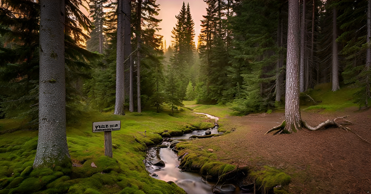 A serene forest path with a stream running through, representing Purely Wild SpruceAlive to highlight its natural sourcing and Dr. Cass Ingram’s dedication to pure, wild remedies.