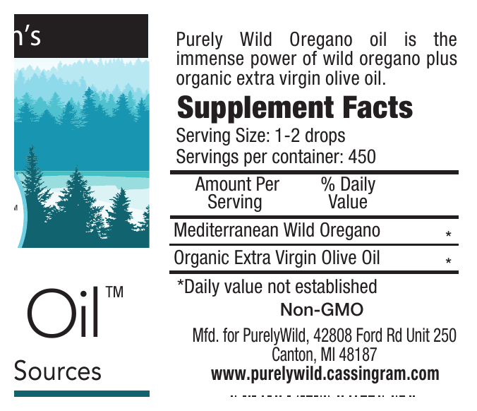 Supplement label for Purely Wild Oregano oil with a scenic illustration on the left.