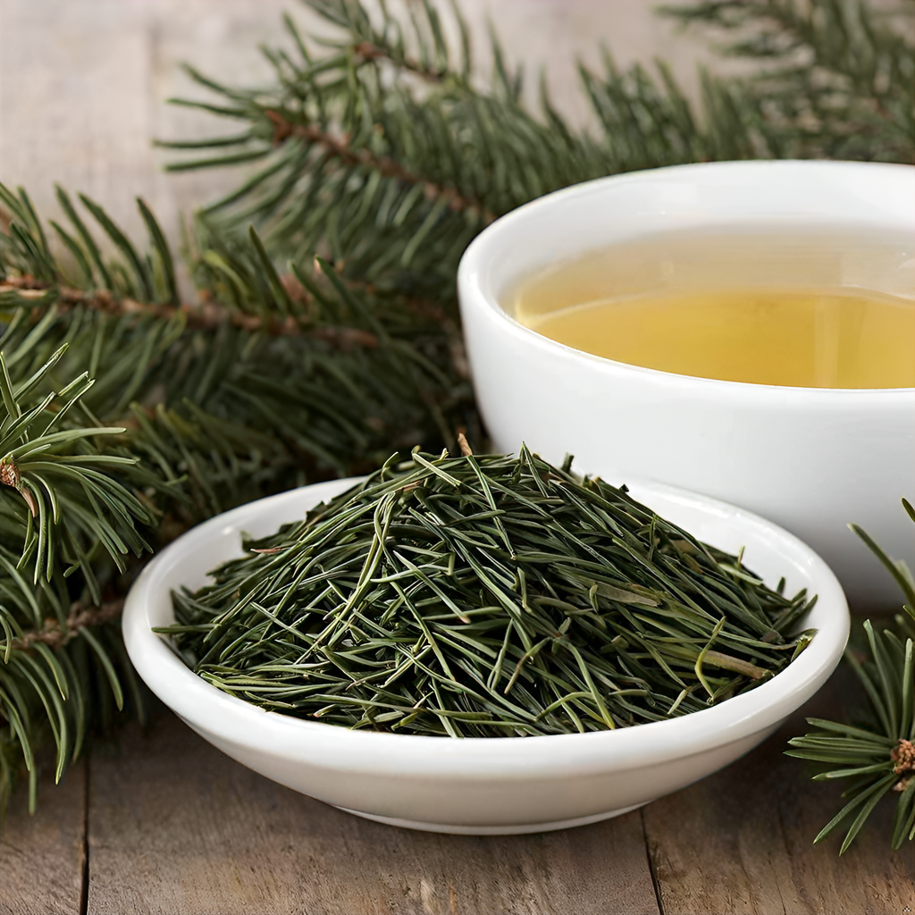 A bowl of fresh pine needles next to a cup of brewed tea, with a canister of Purely Wild Pine Needle Tea in the background, showcasing its wholesome, nature-inspired formulation.