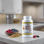 A bottle of The Body Shape Diet Pituitary Support Formula displayed in a bright kitchen with berries and powdered supplements, highlighting its blend of wild, natural ingredients and pituitary-supporting