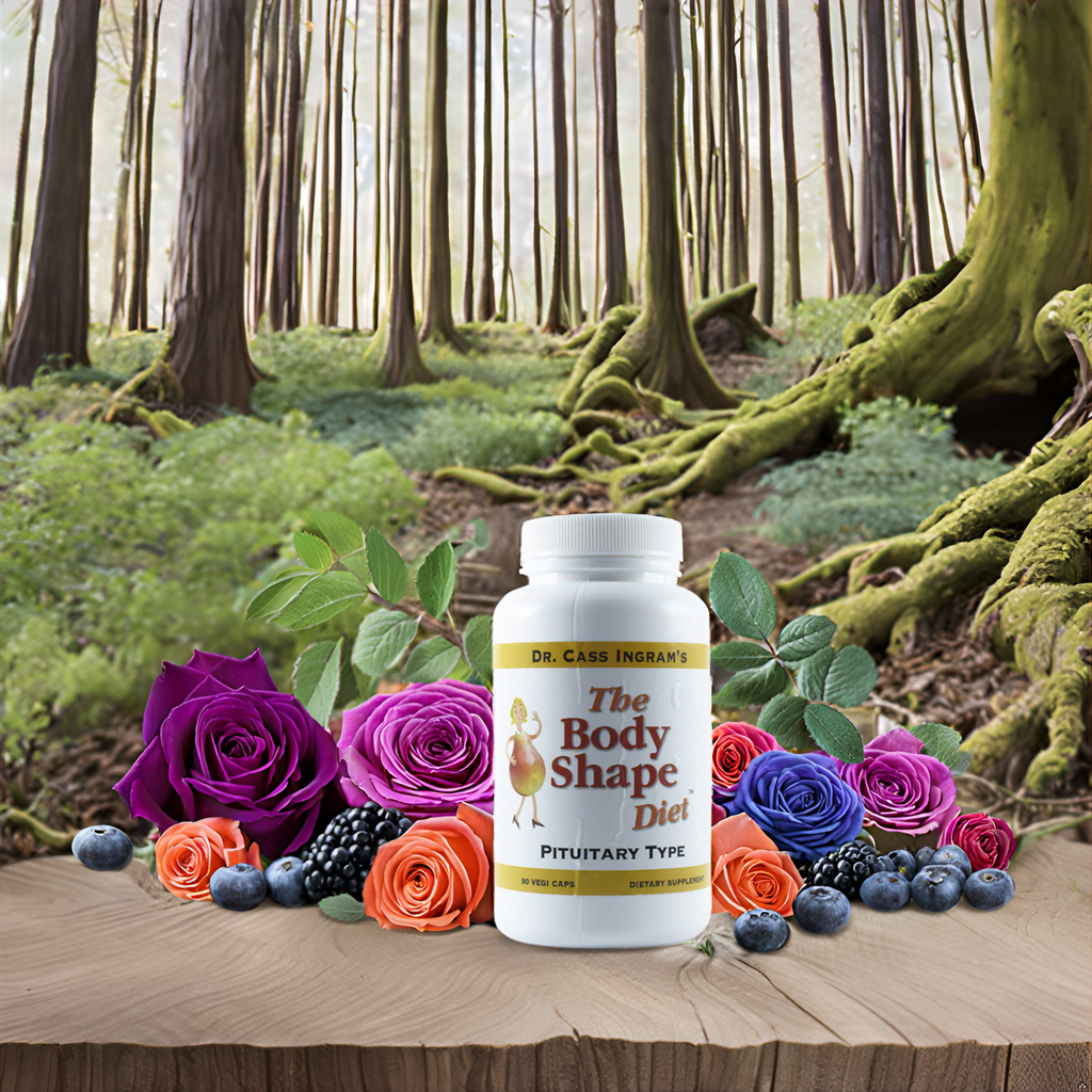 A bottle of The Body Shape Diet Pituitary Support Formula displayed in a serene forest scene with berries and greens, emphasizing its wild-harvested ingredients and connection to Dr. Cass Ingram’s