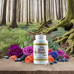A bottle of The Body Shape Diet Pituitary Support Formula displayed in a serene forest scene with berries and greens, emphasizing its wild-harvested ingredients and connection to Dr. Cass Ingram’s