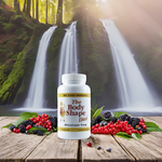 A bottle of The Body Shape Diet Pituitary Support Formula placed on a wooden surface near fresh berries, set against a waterfall backdrop, symbolizing its natural and wild-sourced ingredients