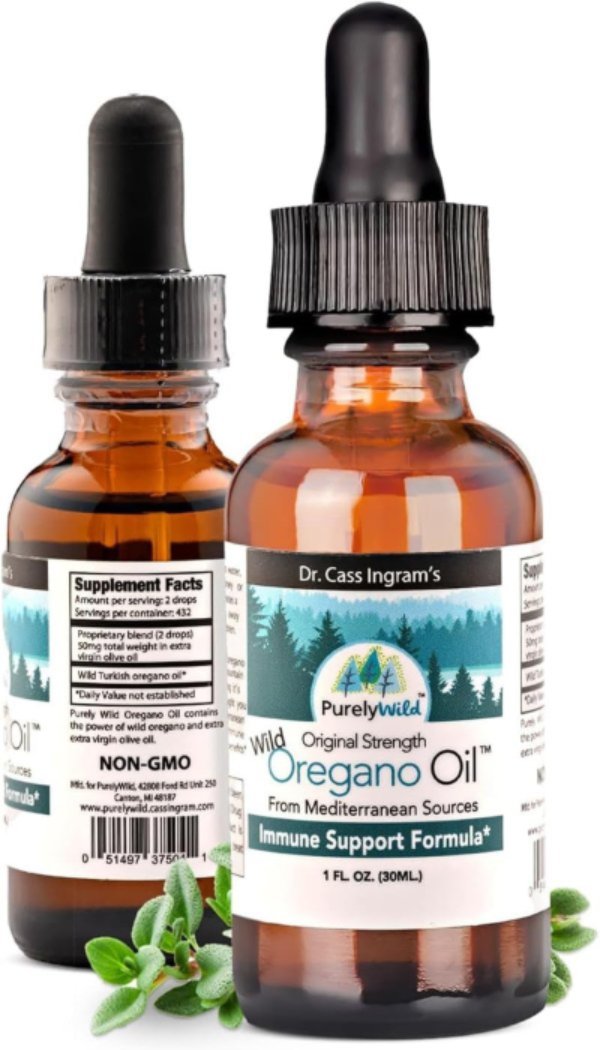 Two bottles of Purely Wild Oregano Oil, developed using Dr. Cass Ingram’s research, surrounded by fresh oregano leaves, emphasizing the product's natural and health-focused benefits.