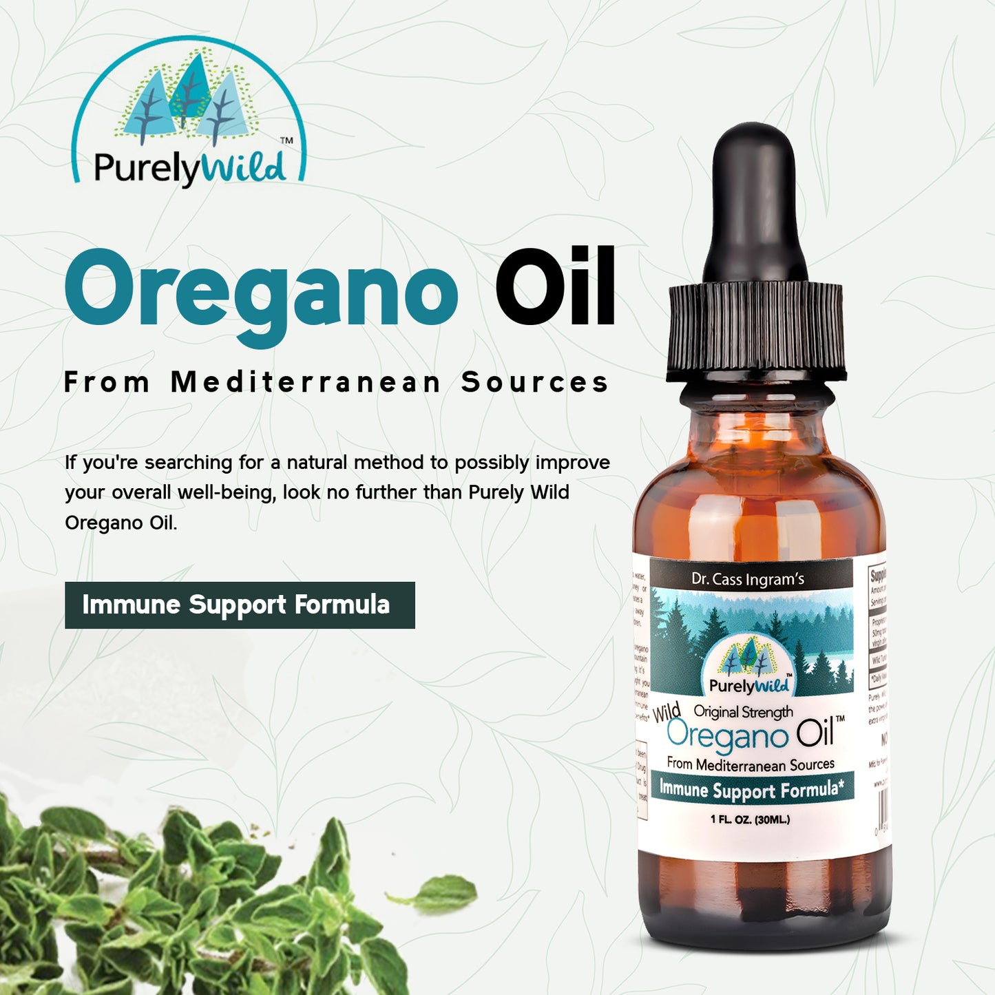  promotional image of Purely Wild Oregano Oil, highlighting its Mediterranean sourcing and purity, with fresh oregano leaves accentuating the product.