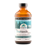 A bottle of Dr. Cass Ingram’s Purely Wild Pine Needle Extract, made from wild-harvested white and red pine needles with oregano oil and apple cider vinegar, emphasizing its natural and health-supporting properties.