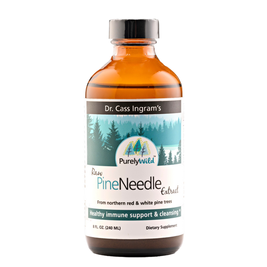 A bottle of Dr. Cass Ingram’s Purely Wild Pine Needle Extract, made from wild-harvested white and red pine needles with oregano oil and apple cider vinegar, emphasizing its natural and health-supporting properties.