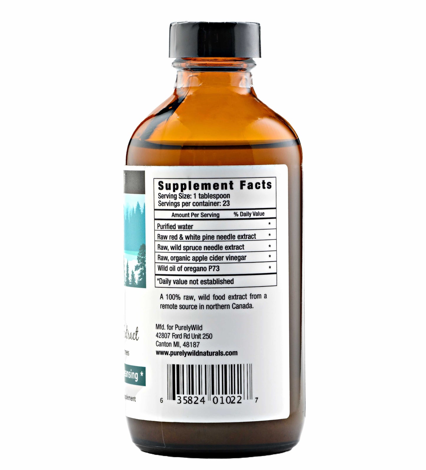 The back label of Purely Wild Pine Needle Extract, displaying the ingredients and supplement facts, highlighting its sustainably harvested origin and natural formulation.