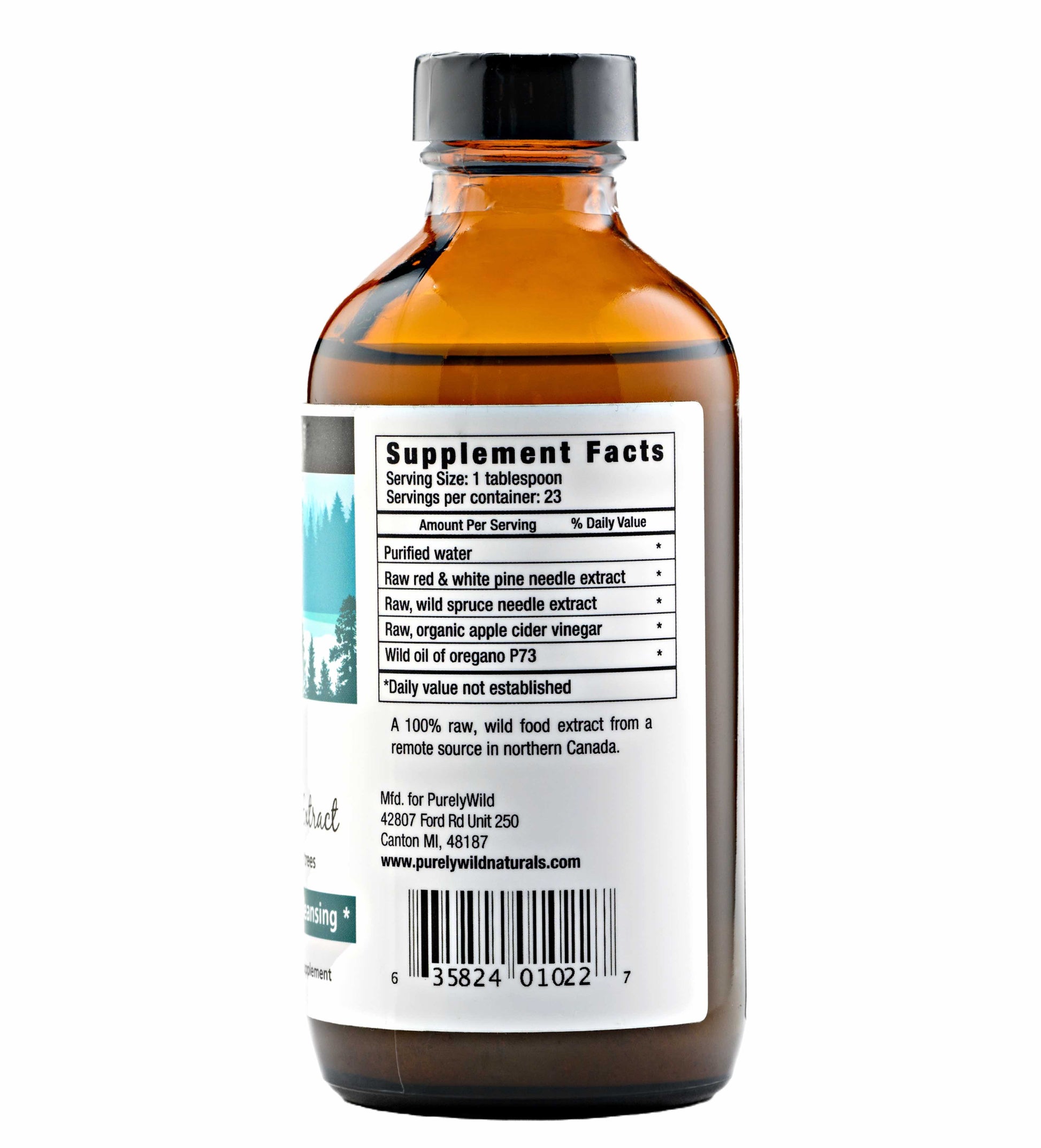 The back label of Purely Wild Pine Needle Extract, displaying the ingredients and supplement facts, highlighting its sustainably harvested origin and natural formulation.