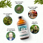 A detailed graphic showcasing Dr. Cass Ingram's Purely Wild Pine Needle Extract with its key ingredients: wild-harvested pine needles, raw wild spruce needles, raw organic apple cider vinegar, and raw wild oregano oil. The image highlights the product's formulation by Dr. Cass Ingram and emphasizes its natural, health-boosting properties.