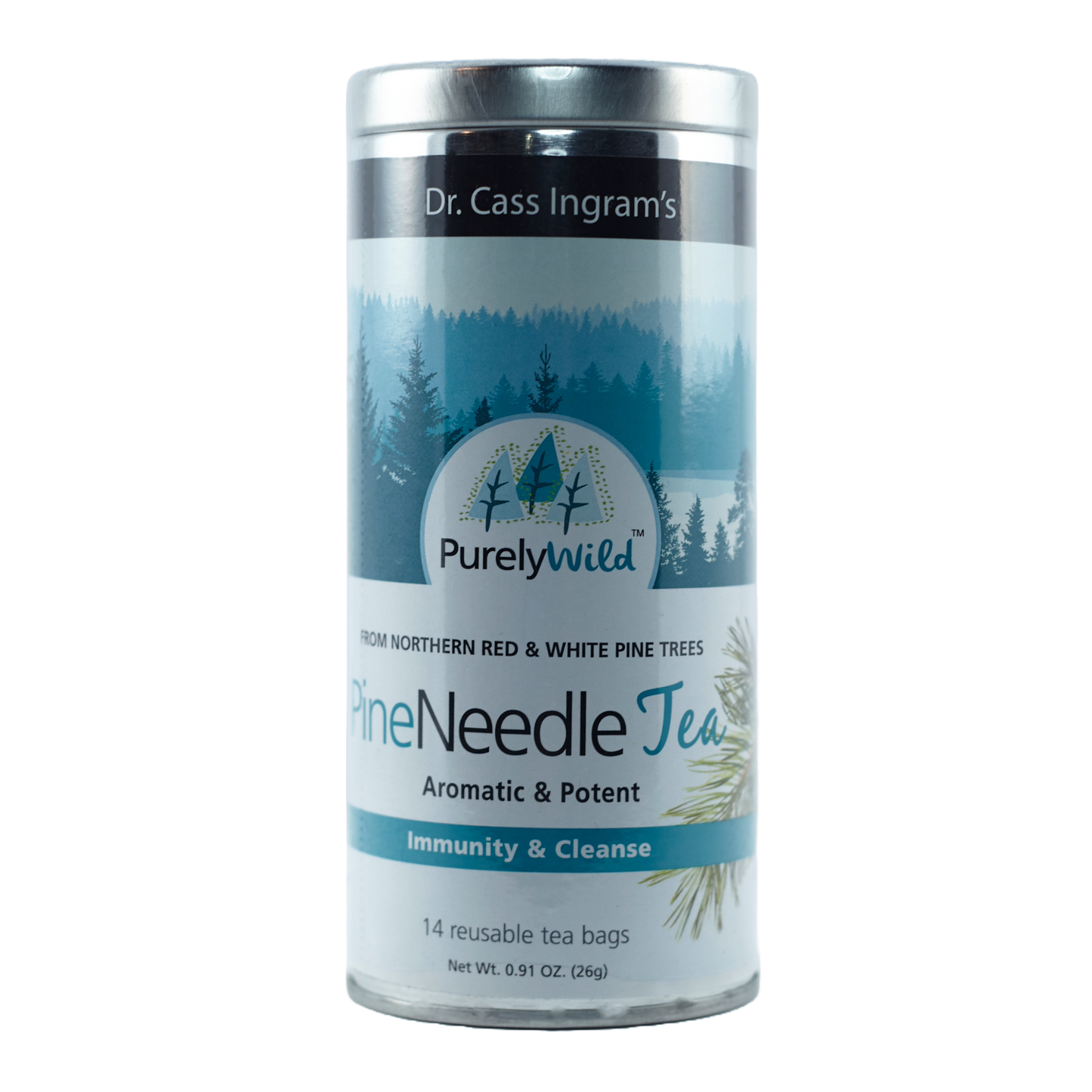 A canister of Purely Wild Pine Needle Tea featuring Dr. Cass Ingram’s name, emphasizing its aromatic and potent qualities, made from red and white pine needles.