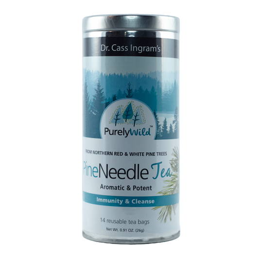 A canister of Purely Wild Pine Needle Tea featuring Dr. Cass Ingram’s name, emphasizing its aromatic and potent qualities, made from red and white pine needles.