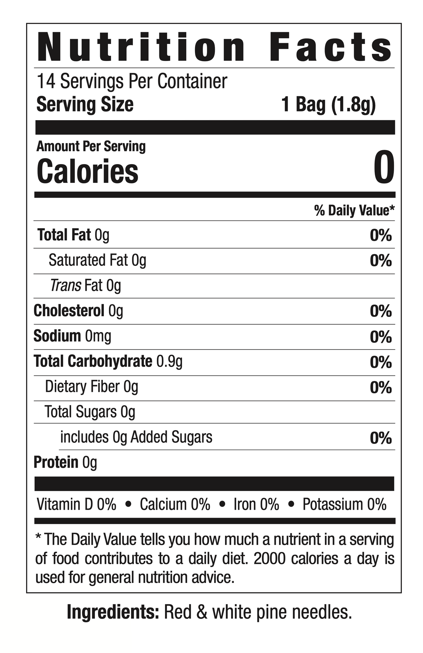 A detailed nutrition label for Purely Wild Pine Needle Tea, highlighting its zero-calorie content and natural ingredients made from red and white pine needles.