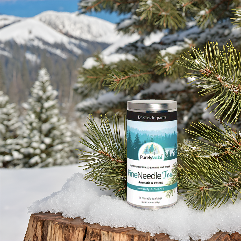 A canister of Purely Wild Pine Needle Tea displayed in a snowy mountain setting, symbolizing its pure, natural origin and connection to Dr. Cass Ingram's health expertise.