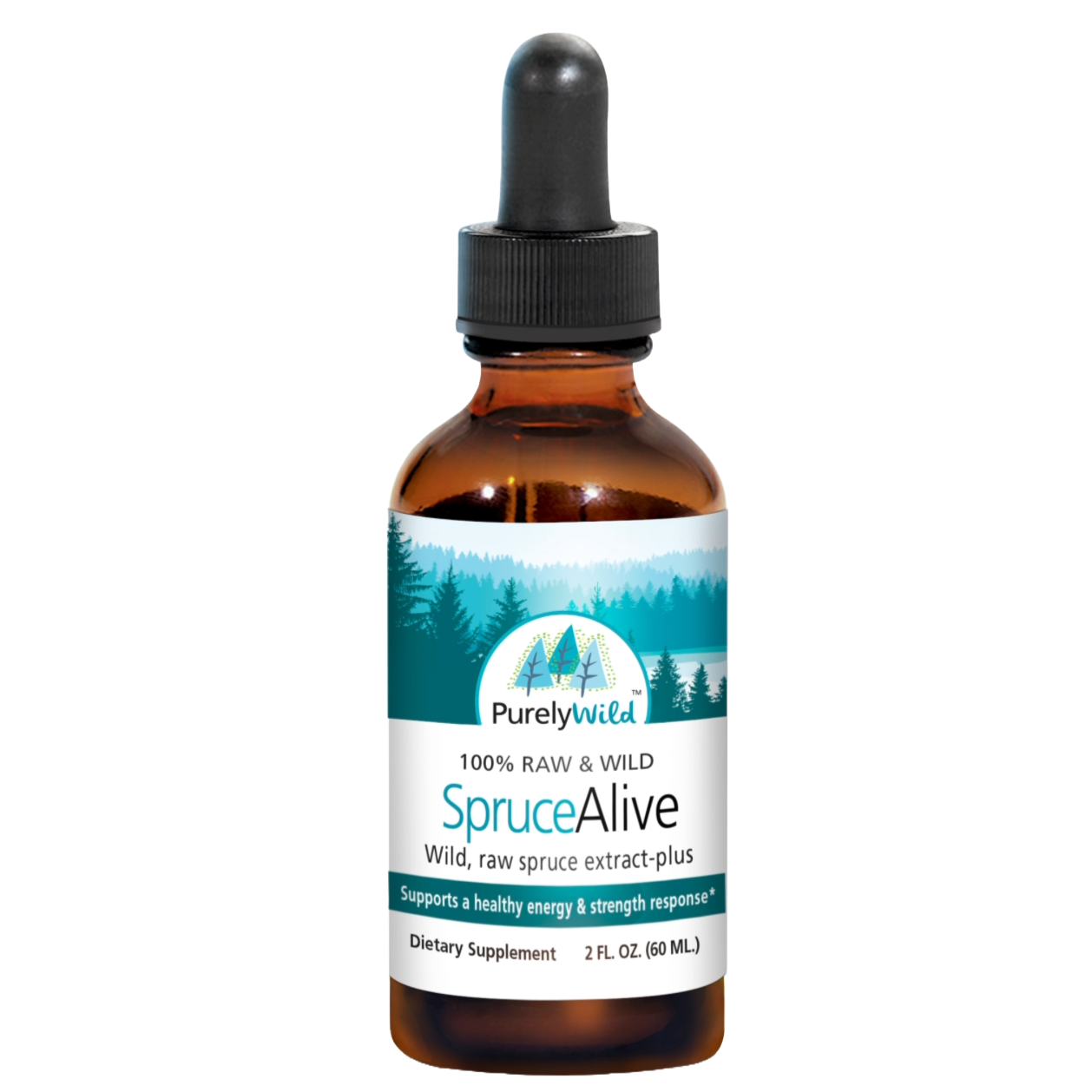 A bottle of Purely Wild SpruceAlive, made with 100% wild spruce resin extract, formulated under Dr. Cass Ingram’s guidance to support respiratory health, immune function, and detoxification.