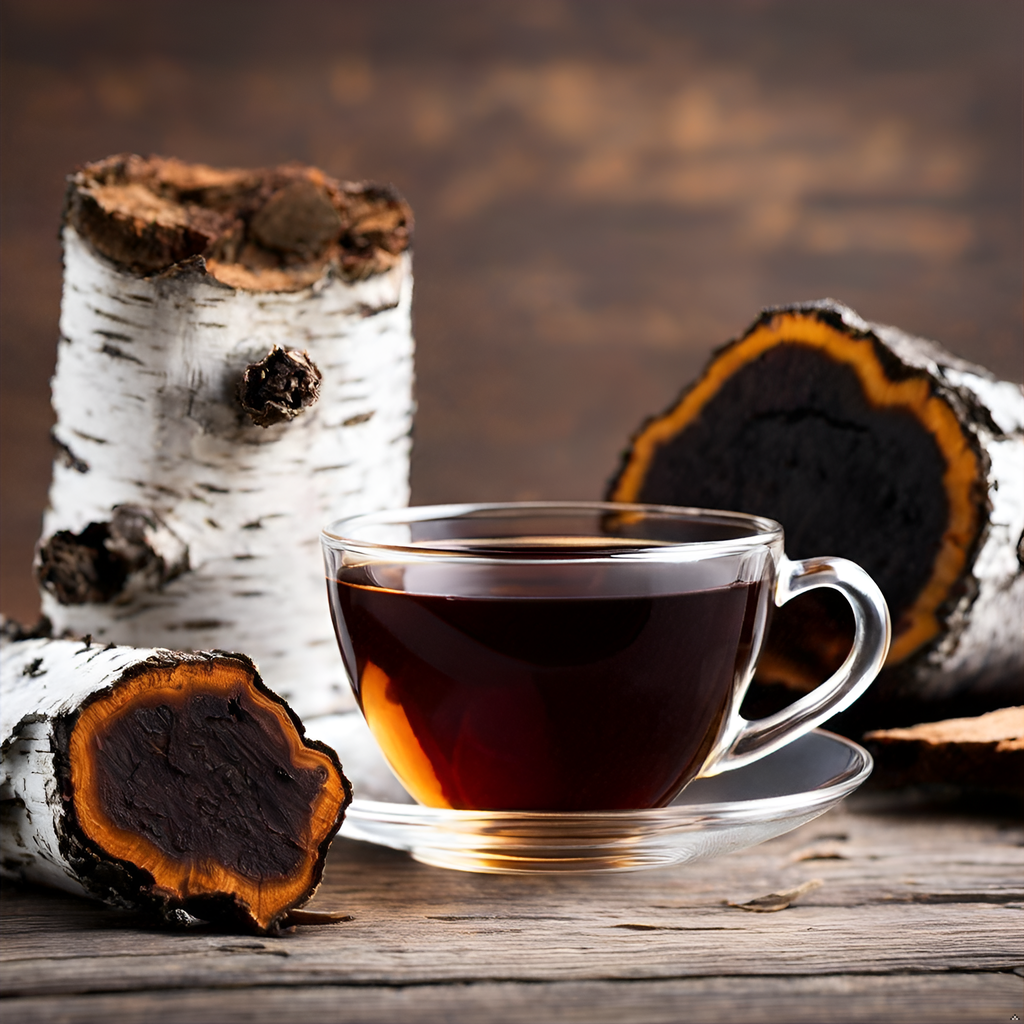 A display of raw chaga and wild birch bark alongside a steaming cup of tea, symbolizing the nutrient-rich and antioxidant properties of Dr. Cass Ingram’s Chaga Birch Bark Tea.