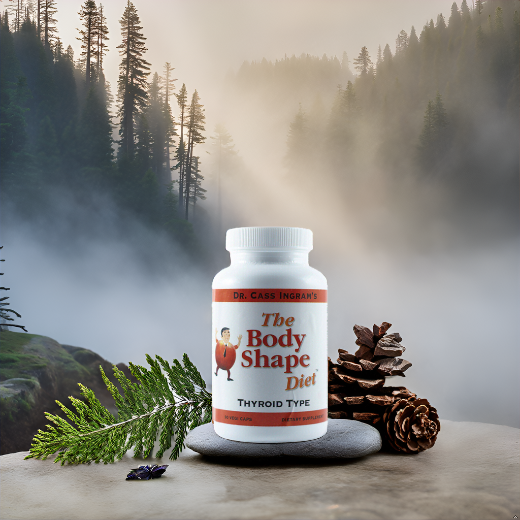  A bottle of The Body Shape Diet Thyroid Support Formula placed on a natural stone in a misty forest setting, emphasizing its wild-sourced ingredients and Dr. Cass Ingram’s focus on natural wellness.