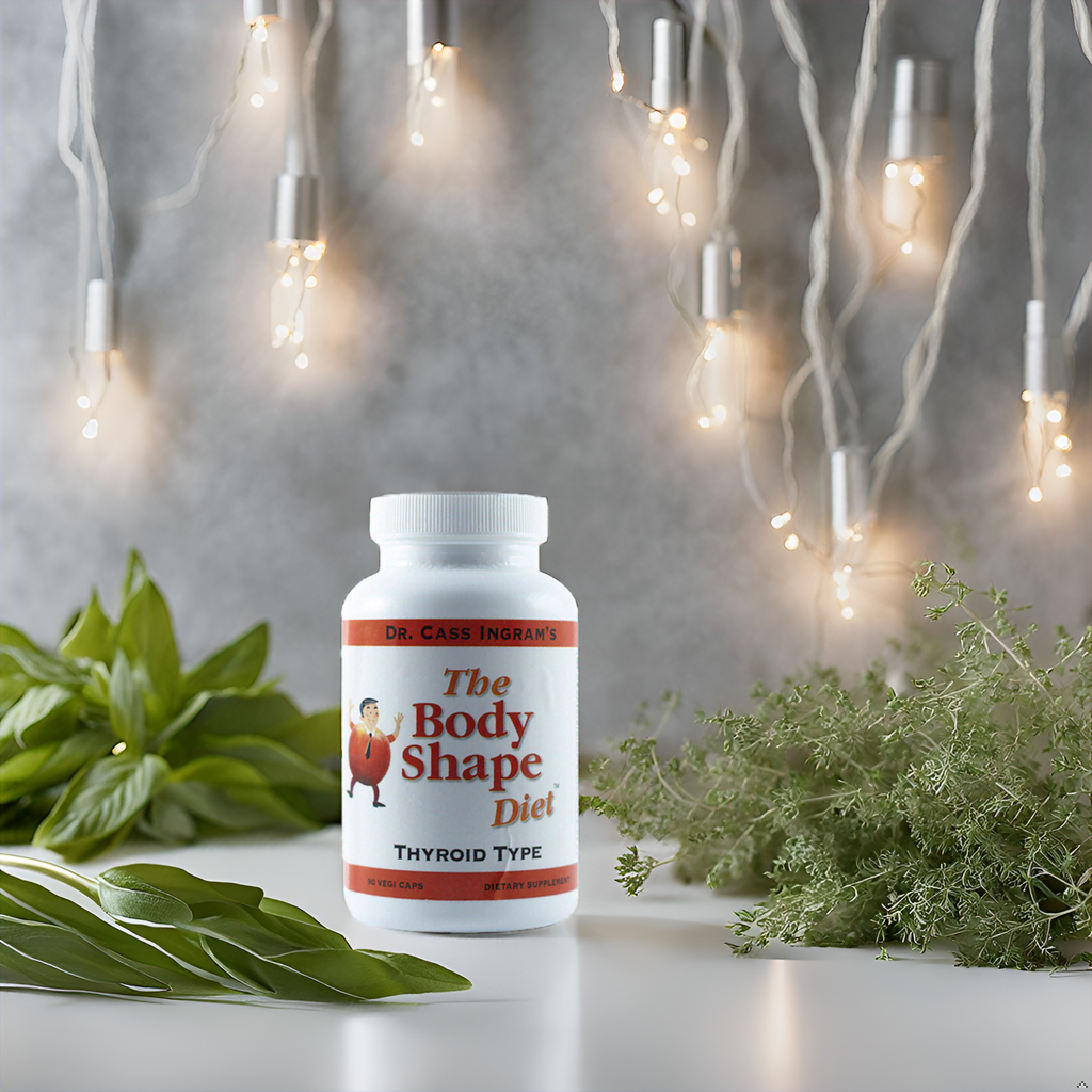 The Body Shape Diet Thyroid Support Formula placed among lush hanging plants, symbolizing its connection to nature and Dr. Cass Ingram’s expertise in creating synergistic herbal blends.