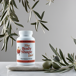 A bottle of The Body Shape Diet Thyroid Support Formula displayed with fresh olive branches, highlighting its Mediterranean herb components and natural origin inspired by Dr. Cass Ingram’s research.