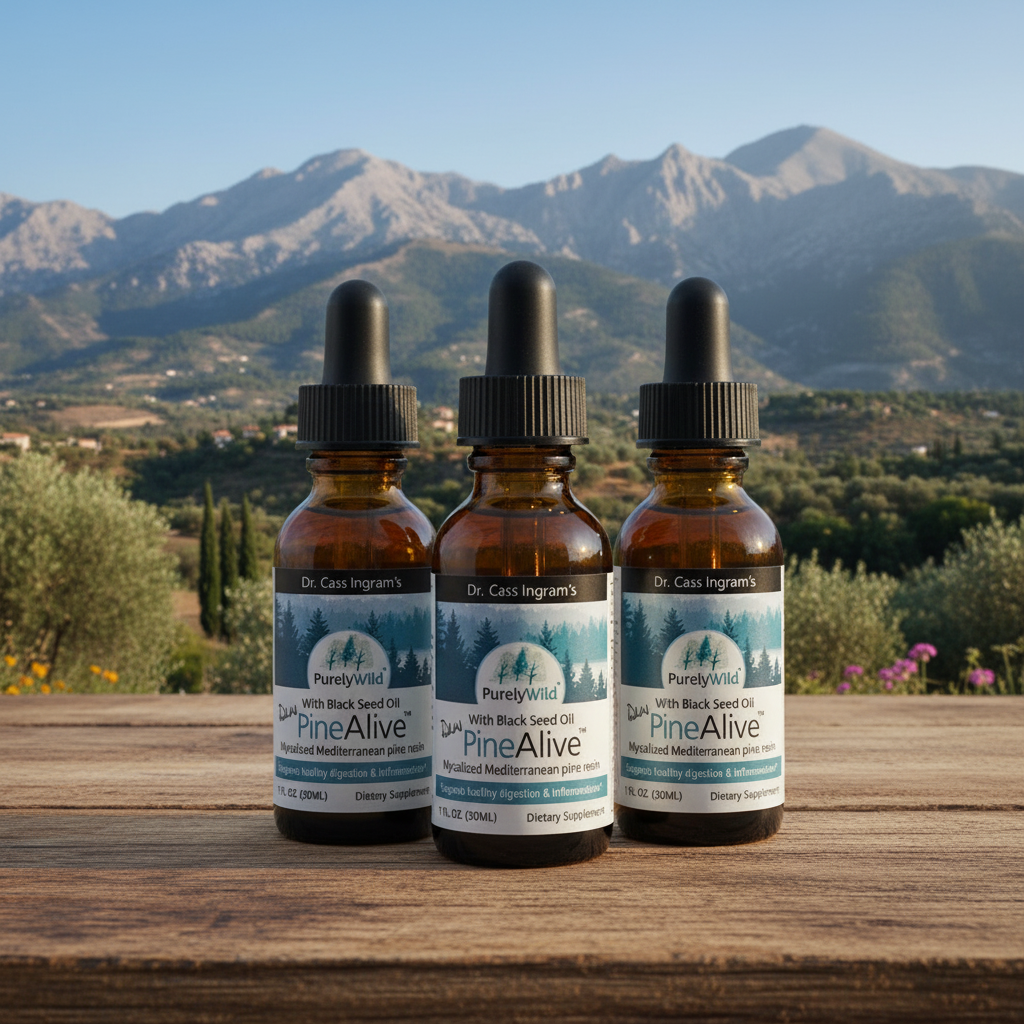 Three bottles of PineAlive supplement on a wooden surface with mountains in the background
