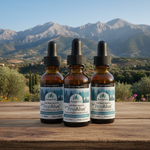 Three bottles of PineAlive supplement on a wooden surface with mountains in the background