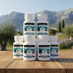 Collection of Purely Wild oregano oil capsules on a wooden surface with a mountainous background