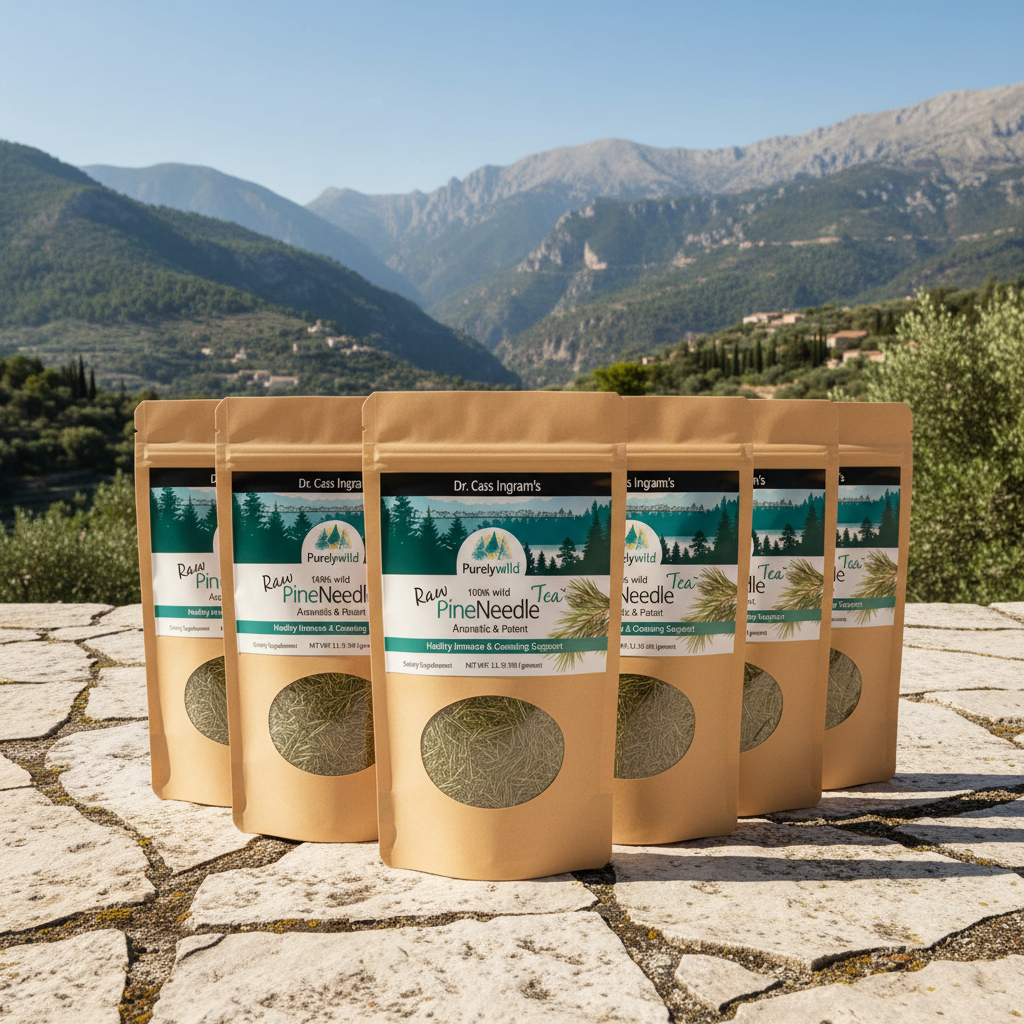 Packages of Pine Needle Tea with a mountainous landscape in the background