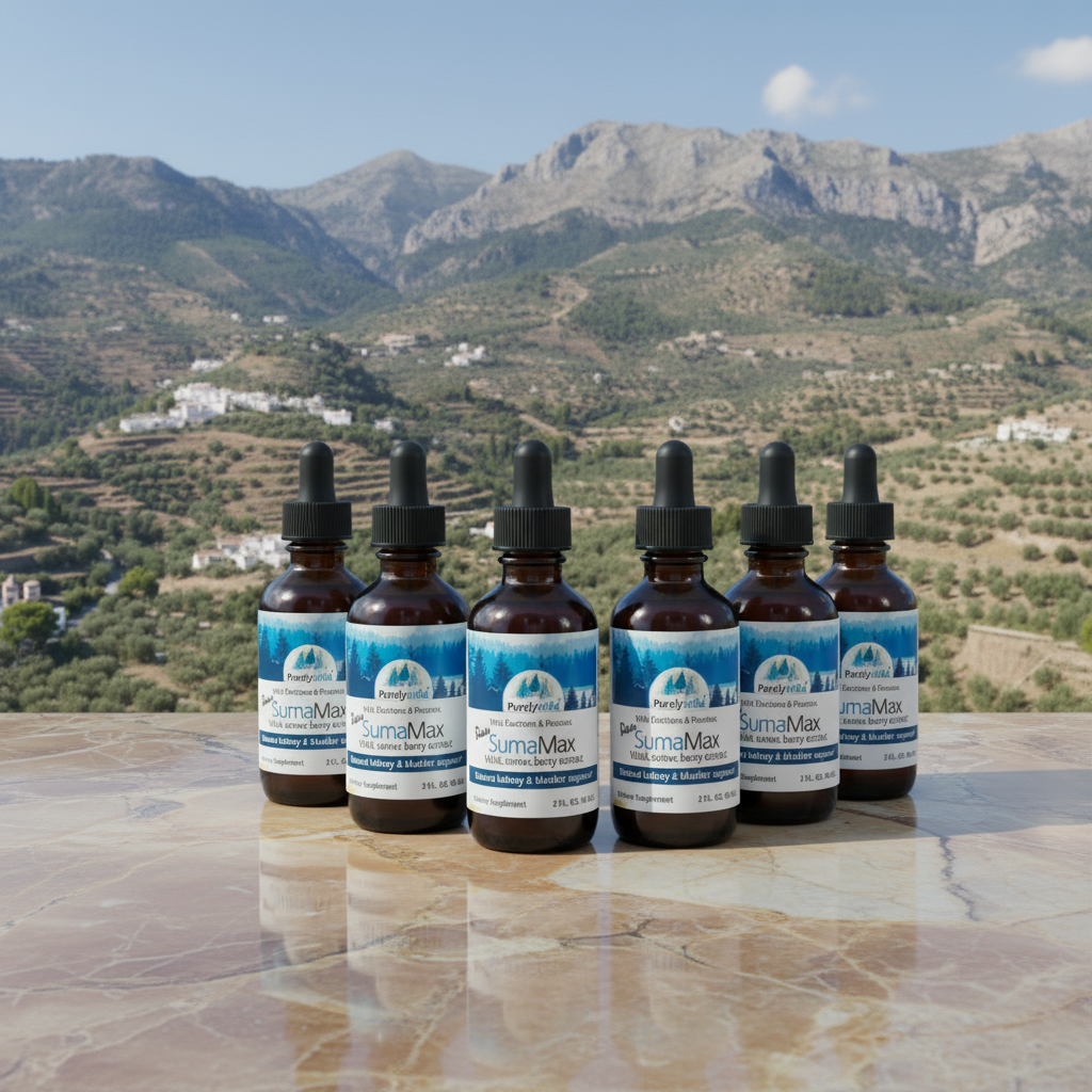 Six bottles of SumaMax on a reflective surface with a mountainous landscape in the background