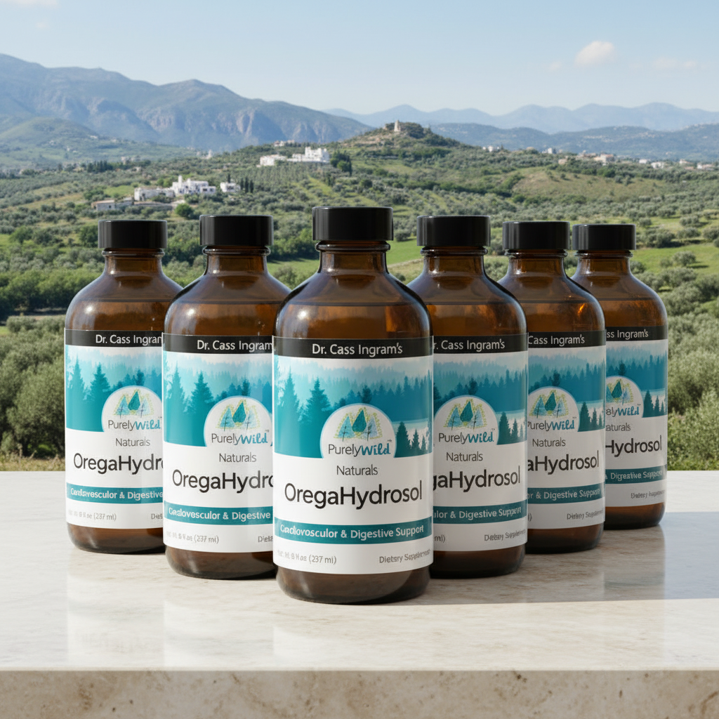 Row of bottles labeled 'Purely Wild Naturals' with a scenic background