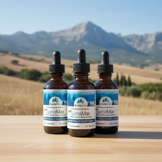 Three bottles of Purely Wild SumaMax with a mountainous landscape in the background