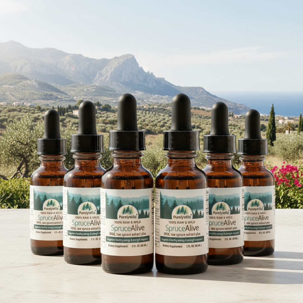 Row of SpruceAlive tincture bottles with a scenic background