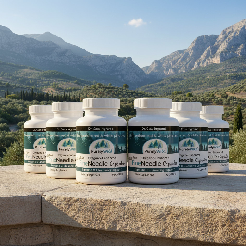 Row of Purely Wild supplement bottles on a stone ledge with mountains in the background