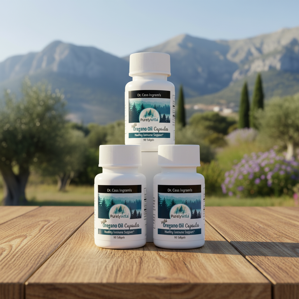 Three bottles of PureVita Oregano Oil Capsules on a wooden table with a mountainous background.