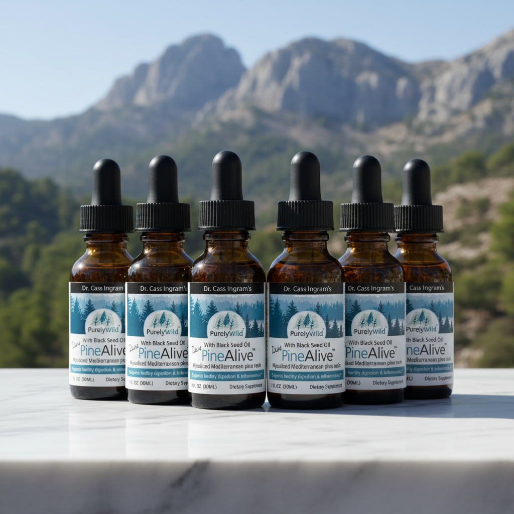Row of PineAlive bottles with mountainous landscape in the background